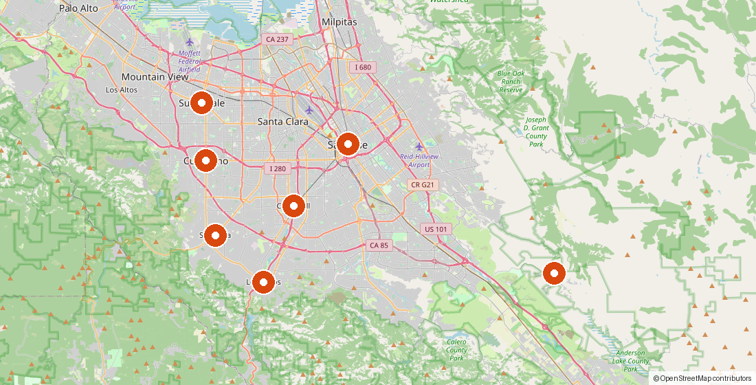 Map showing Signature Home Pest service areas in Campbell, San Jose, Sunnyvale, Cupertino, Los Gatos, Saratoga, and Santa Clara in Santa Clara County